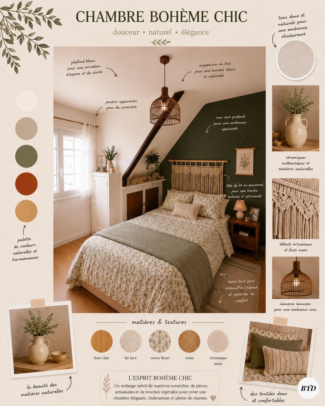 Planche de maquette : chambre bohème chic